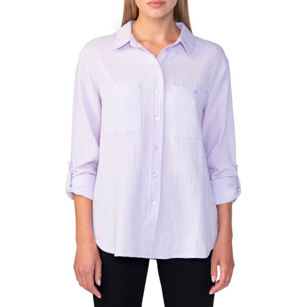 Social Standard by Sanctuary Women's Crinkle Gauze Button-Down Shirt Purple New